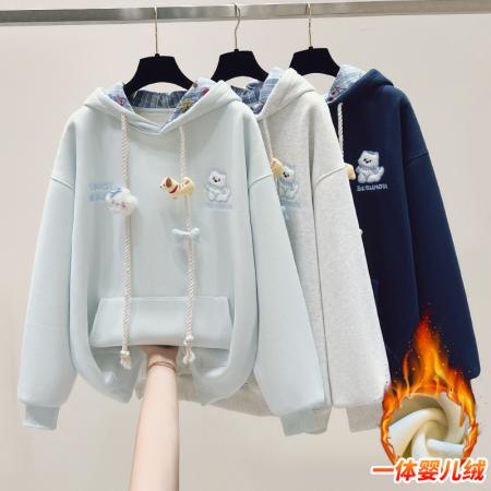 FA43705# 思洛伊校园风拼色格子连帽休闲款加绒公仔卫衣 服裝批發女裝批發服飾貨源