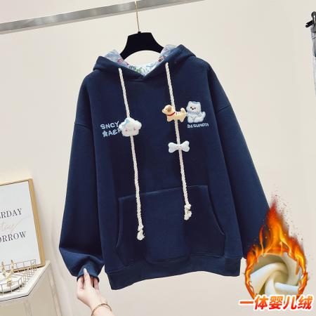FA43705# 思洛伊校园风拼色格子连帽休闲款加绒公仔卫衣 服裝批發女裝批發服飾貨源