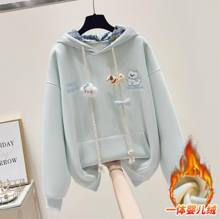 FA43705# 思洛伊校园风拼色格子连帽休闲款加绒公仔卫衣 服裝批發女裝批發服飾貨源