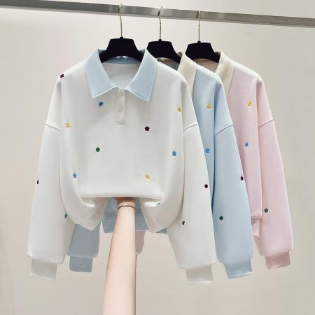 FA43707# 思洛伊新款校园风拼色polo领简约卫衣小清新秀花上衣 服裝批發女裝批發服飾貨源