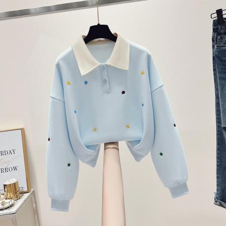 FA43707# 思洛伊新款校园风拼色polo领简约卫衣小清新秀花上衣 服裝批發女裝批發服飾貨源