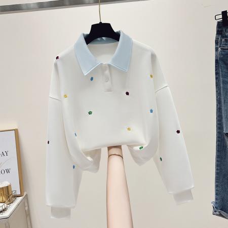 FA43707# 思洛伊新款校园风拼色polo领简约卫衣小清新秀花上衣 服裝批發女裝批發服飾貨源