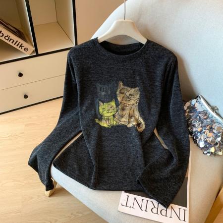 欧洲站卡通猫咪印花长袖T恤女秋冬新款时尚巨好看上衣 服裝批發女裝批發服飾貨源