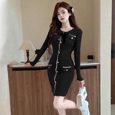 FA43720# 小香风法式复古蝴蝶结红色针织连衣裙女秋冬新款内搭毛衣裙子 服裝批發女裝批發服飾貨源