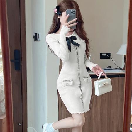 FA43720# 小香风法式复古蝴蝶结红色针织连衣裙女秋冬新款内搭毛衣裙子 服裝批發女裝批發服飾貨源