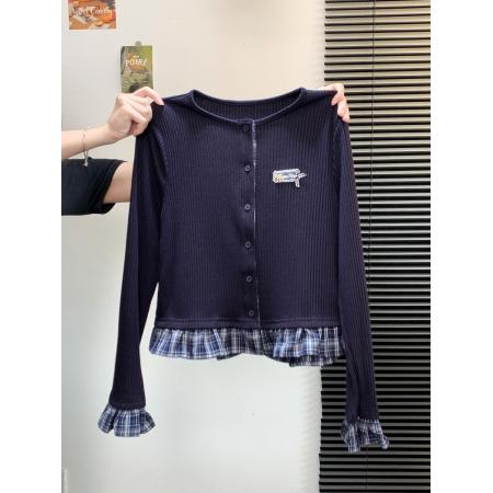 FA43723# 假两件格子花边针织开衫女秋季设计感修身内搭打底短款上衣 服裝批發女裝批發服飾貨源