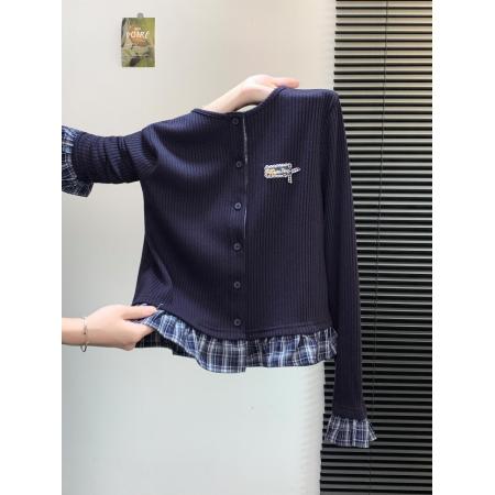 FA43723# 假两件格子花边针织开衫女秋季设计感修身内搭打底短款上衣 服裝批發女裝批發服飾貨源