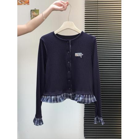 FA43723# 假两件格子花边针织开衫女秋季设计感修身内搭打底短款上衣 服裝批發女裝批發服飾貨源