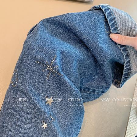 FA43726# 复古小众深蓝色星星烫钻阔腿牛仔裤女新款显瘦宽松高腰直筒裤 服裝批發女裝批發服飾貨源