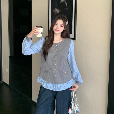 FA43728# 秋装新款胖mm休闲设计感减龄假两件拼接针织衬衫上衣 服裝批發女裝批發服飾貨源
