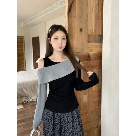 FA43729# 秋装新款胖mm大码女撞色设计感露肩修身显瘦长袖上衣 服裝批發女裝批發服飾貨源