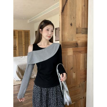 FA43729# 秋装新款胖mm大码女撞色设计感露肩修身显瘦长袖上衣 服裝批發女裝批發服飾貨源