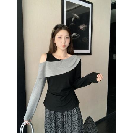 FA43729# 秋装新款胖mm大码女撞色设计感露肩修身显瘦长袖上衣 服裝批發女裝批發服飾貨源