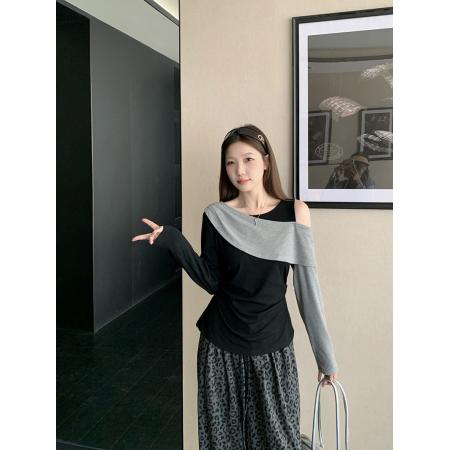 FA43729# 秋装新款胖mm大码女撞色设计感露肩修身显瘦长袖上衣 服裝批發女裝批發服飾貨源