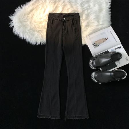 FA43744# 大码女装复古高腰显瘦牛仔裤女秋冬弹力修身微喇叭毛边长裤 服裝批發女裝批發服飾貨源