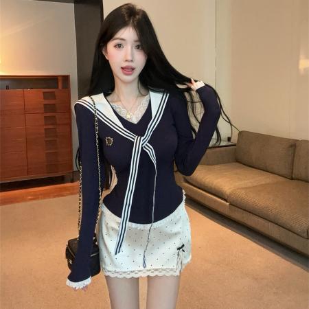 FA43750# 学院风套装气质显瘦海军领长袖上衣波点蕾丝短裙jk制服 服裝批發女裝批發服飾貨源