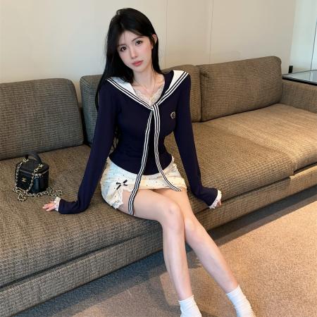 FA43750# 学院风套装气质显瘦海军领长袖上衣波点蕾丝短裙jk制服 服裝批發女裝批發服飾貨源