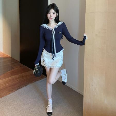 FA43750# 学院风套装气质显瘦海军领长袖上衣波点蕾丝短裙jk制服 服裝批發女裝批發服飾貨源