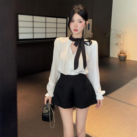 FA43751# 甜美蝴蝶结长袖衬衣温柔风气质衬衫上衣高腰短裤两件套 服裝批發女裝批發服飾貨源