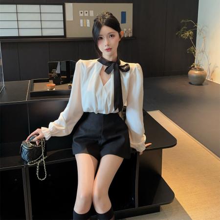FA43751# 甜美蝴蝶结长袖衬衣温柔风气质衬衫上衣高腰短裤两件套 服裝批發女裝批發服飾貨源