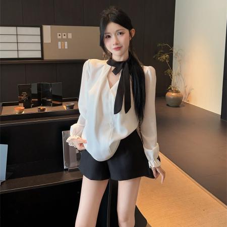 FA43751# 甜美蝴蝶结长袖衬衣温柔风气质衬衫上衣高腰短裤两件套 服裝批發女裝批發服飾貨源