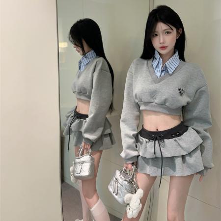 FA43752# 学院风假两件拼接衬衫领短款卫衣女小个子显瘦短裙jk套装 服裝批發女裝批發服飾貨源
