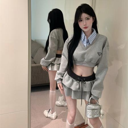 FA43752# 学院风假两件拼接衬衫领短款卫衣女小个子显瘦短裙jk套装 服裝批發女裝批發服飾貨源