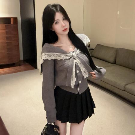 FA43753# 学院风毛衣套装甜美海军领拼接蕾丝针织外套高腰jk百褶裙 服裝批發女裝批發服飾貨源