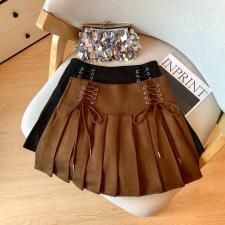 秋冬高腰百褶包臀短裙女美拉德学生辣妹绑绳系带a字半裙 服裝批發女裝批發服飾貨源