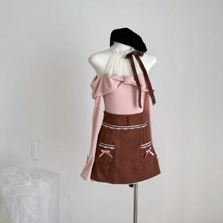 FA43757# 绪美日系中古蕾丝假两件挂脖针织上衣套装 服裝批發女裝批發服飾貨源