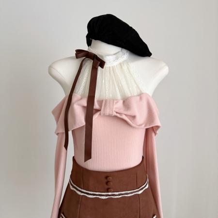 FA43757# 绪美日系中古蕾丝假两件挂脖针织上衣套装 服裝批發女裝批發服飾貨源