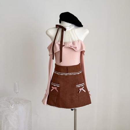 FA43757# 绪美日系中古蕾丝假两件挂脖针织上衣套装 服裝批發女裝批發服飾貨源