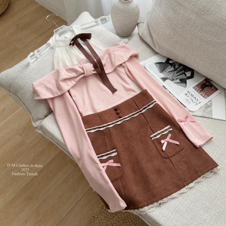 FA43757# 绪美日系中古蕾丝假两件挂脖针织上衣套装 服裝批發女裝批發服飾貨源