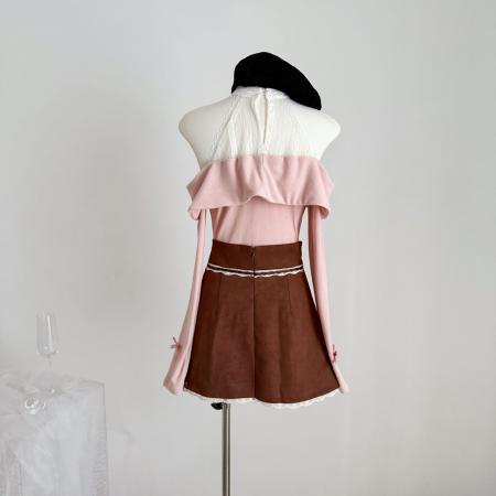 FA43757# 绪美日系中古蕾丝假两件挂脖针织上衣套装 服裝批發女裝批發服飾貨源