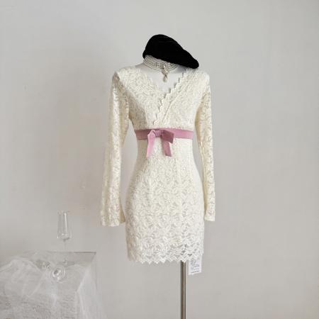 FA43758# 纷纷秋叙毛绒蕾丝修身裙 服裝批發女裝批發服飾貨源