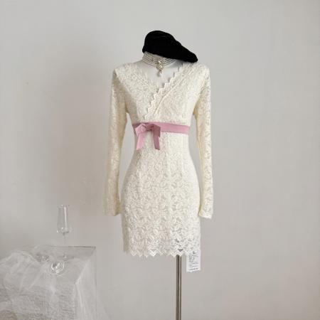 FA43758# 纷纷秋叙毛绒蕾丝修身裙 服裝批發女裝批發服飾貨源