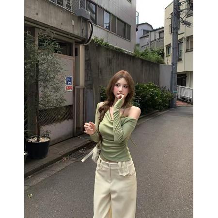 FA43759# 假两件斜肩荡领长袖T恤女蕾丝挂脖打底衫上衣 服裝批發女裝批發服飾貨源