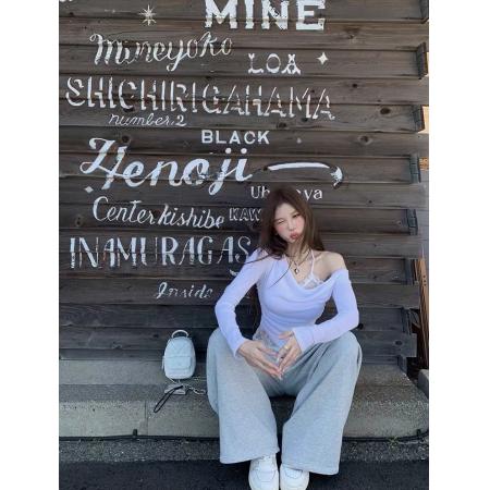 FA43759# 假两件斜肩荡领长袖T恤女蕾丝挂脖打底衫上衣 服裝批發女裝批發服飾貨源