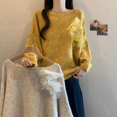 FA43764# 高级感法式别针立体花朵毛衣女秋冬大码胖MM宽松遮肚减龄百搭上衣 服裝批發女裝批發服飾貨源