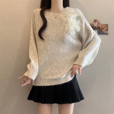 FA43764# 高级感法式别针立体花朵毛衣女秋冬大码胖MM宽松遮肚减龄百搭上衣 服裝批發女裝批發服飾貨源