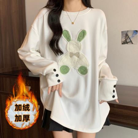 FA43765# 大码女装秋冬新款加绒加厚圆领宽松减龄卡通显瘦百搭休闲上衣 服裝批發女裝批發服飾貨源