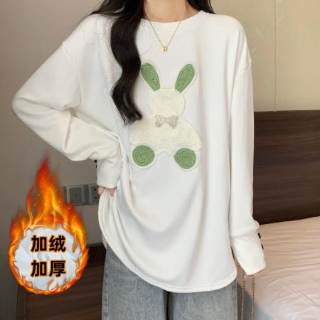 FA43765# 大码女装秋冬新款加绒加厚圆领宽松减龄卡通显瘦百搭休闲上衣 服裝批發女裝批發服飾貨源