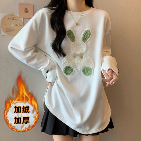 FA43765# 大码女装秋冬新款加绒加厚圆领宽松减龄卡通显瘦百搭休闲上衣 服裝批發女裝批發服飾貨源