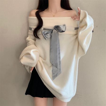 FA43766# 秋季大码显瘦时尚洋气韩版一字领蝴蝶结减龄巨好看毛衣女 服裝批發女裝批發服飾貨源