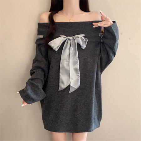 FA43766# 秋季大码显瘦时尚洋气韩版一字领蝴蝶结减龄巨好看毛衣女 服裝批發女裝批發服飾貨源
