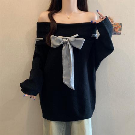 FA43766# 秋季大码显瘦时尚洋气韩版一字领蝴蝶结减龄巨好看毛衣女 服裝批發女裝批發服飾貨源