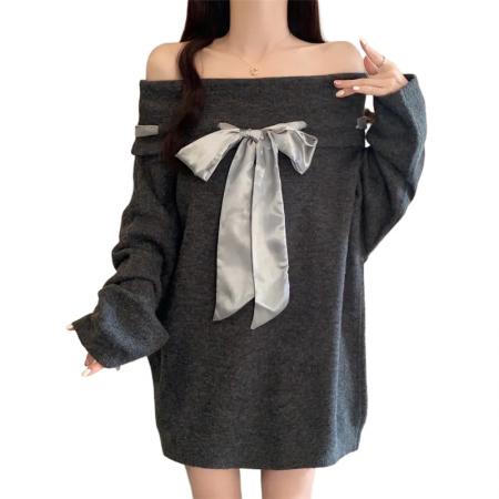 FA43766# 秋季大码显瘦时尚洋气韩版一字领蝴蝶结减龄巨好看毛衣女 服裝批發女裝批發服飾貨源
