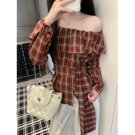 FA43772# 美拉德撞色格子一字肩衬衫绑带收腰不规则氛围感上衣 服裝批發女裝批發服飾貨源