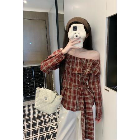 FA43772# 美拉德撞色格子一字肩衬衫绑带收腰不规则氛围感上衣 服裝批發女裝批發服飾貨源