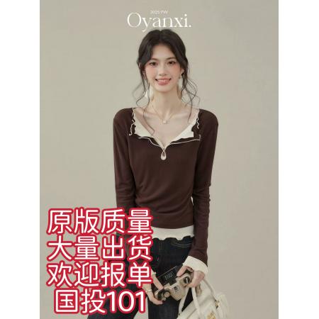 FA43774# 欧阳喜黄油可露丽假两件拼接长袖T恤女早秋季设计感打底上衣 服裝批發女裝批發服飾貨源